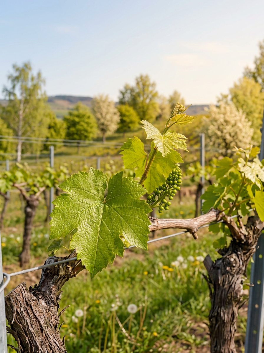 KI-Zukunftsbild von Reben und Bäumen auf einer gemeinsamen Weinbergsfläche